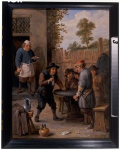 Bauern spielen Würfel vor einem Gasthaus