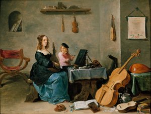 Die Frau und der Sohn des Malers. Porträt der Familie des Künstlers, die junge Frau spielt Musik in einem Raum voller Instrumente, während das Kind Seifenblasen macht. Gemälde von David Teniers dem Jüngeren (1610-1690). 17. Jahrhundert. Turin, Galleria Sab