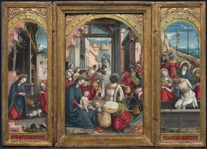 Triptychon mit der Geburt Christi in der Mitte, rechts die Anbetung der Könige, links die Grablegung Christi, 1523