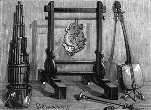 Chinesische Musikinstrumente: Orgel, Klangstein und Geige.
