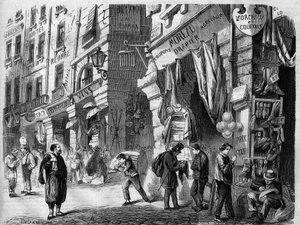 Paris, Ansicht der überdachten Galerien im Erdgeschoss der Häuser der Rue de la Tonnellerie, auch Säulen der Halles genannt, Gravur nach der Zeichnung von Delannoy, in „L