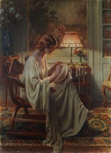 Eine Dame, die in einem Innenraum näht