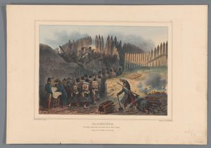 Gruppe Soldaten zieht durch eine Öffnung in der Palisade, 1832
