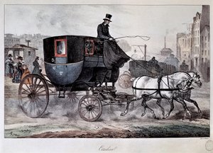 Öffentlicher Verkehr im 19. Jahrhundert: Eine Kutsche in den Straßen von Paris (farbige Gravur) von Denis Auguste Marie Raffet