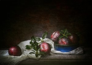 Stimmungsvolle Pflaumen Stillleben