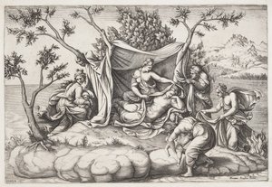 Latona gebiert Apollon und Diana auf der Insel Delos von Diana Scultori