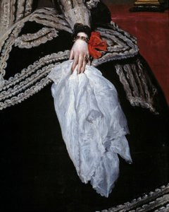Hand und Schal. Detail des Porträts von Königin Maria Anna von Österreich (1634-1696), Ehefrau von Philipp IV. von Diego Velázquez
