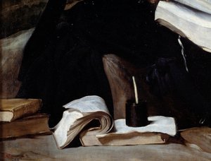 Porträt des Narren Diego de Acedo genannt der Cousin, Detail. Bücher