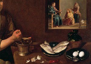 Küchenszene mit Christus im Haus von Martha und Maria (Detail von Essen auf dem Tisch mit Christus, Martha und Maria im Hintergrund) von Diego Velázquez