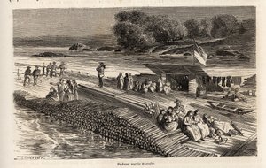 Ein Holzfloß auf der Donau, zum Transport von Waren und Personen, Zeichnung von Lancelot, zur Illustration von Victor Duruy