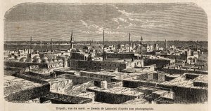 Gesamtansicht von Tripolis, Zeichnung von Lancelot, zur Illustration der Tripolitanischen Spaziergänge im Jahr 1860 von Baron de Krafft. Gravur in „Le tour du monde“ 1861. Sammlung Selva von Dieudonne Auguste Lancelot