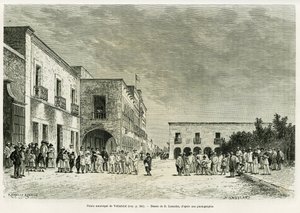 Rathaus von Valladolid. Gravur von Lancelot zur Illustration der Geschichte Ma dernière expédition au Yucatan, von Désiré Charnay, in Le Tour du monde 1887, unter der Leitung von Edouard Charton (1807-1890), Hachette, Paris. von Dieudonne Auguste Lancelot