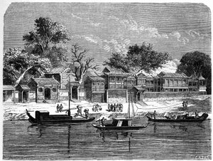 Palast für die französischen Missionare in Tien Tsin (Tianjin), China. Gravur von Lancelot, in "Le Tour du Monde, Nouveau journal des Voyages", herausgegeben von Edouard Charton, Paris von Dieudonne Auguste Lancelot