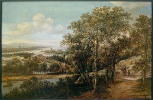 Weite Flusslandschaft mit einem Reiter und weiteren Figuren im Vordergrund