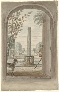Entwurf für eine Zimmerbemalung mit Blick durch eine offene Tür in einen Garten mit Brunnen von Dionys van Nijmegen