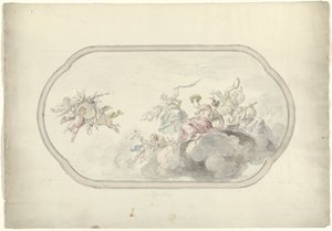 Entwurf für eine Deckenmalerei mit musizierenden Frauen und Putti mit Blumenkorb als Allegorie auf Freude von Dionys van Nijmegen