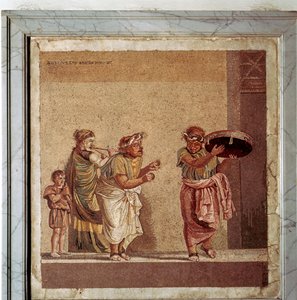 Römisches Mosaik von Musikern und maskierten Schauspielern in einem Stück, Pompeji, Italien von Dioscurides