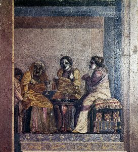 Römisches Mosaik einer Szene aus einem Theaterstück mit maskierten Schauspielern, Villa von Cicero, Pompeji von Dioscurides of Samos