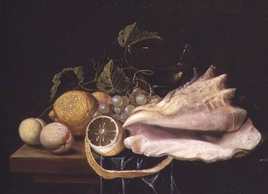 Stillleben mit Strombus-Schnecke und Früchten von Dirck Sauts