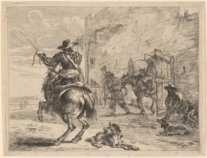 Ein pissendes Pferd an einen Pfosten gebunden