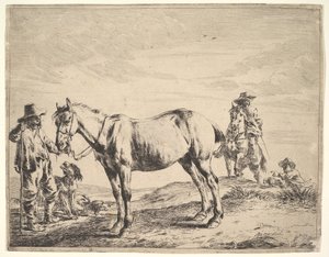 Mann hält ein Pferd am Zügel von Dirck Stoop