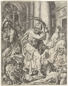 Vertreibung der Geldwechsler aus dem Tempel von Dirck Volckertsz. Coornhert (attributed to)