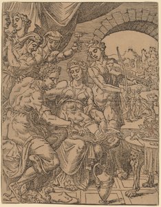 Der verlorene Sohn verschwendet sein Erbe mit Huren von Dirck Volckertz Coornhert after Maerten van Heemskerck