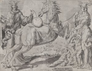Törichtes Wissen und törichte Liebe versuchen, die Welt zurückzuhalten, aus Die ungebändigte Welt..., 1550 von Dirck Volkertsen Coornhert