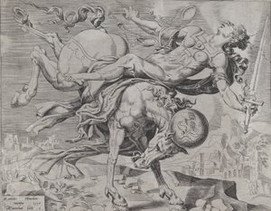 Die Welt verteilt die Gerechtigkeit, aus Die ungebändigte Welt, Platte 1, 1550 von Dirck Volkertsen Coornhert