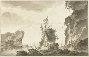 Felsige Küste mit Schiffen und Fischern
