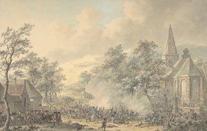 Kampfszene mit Kirche rechts, ca. 1790-1800 von Dirk Langendijk