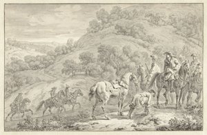 Berglandschaft mit abgestiegenem Reiter und anderen Jägern zu Pferd