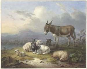 Landschaft mit Esel, Ziege und Schafen von Dirk van Oosterhoudt