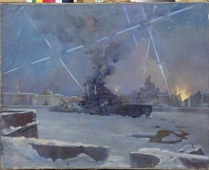Die schwere Artillerie auf der Newa in Leningrad (Sankt Petersburg, Russland) im Jahr 1942. (Ein Panzer auf dem gefrorenen Fluss verteidigt die brennende Stadt gegen Luftangriffe während der Belagerung von Leningrad). Episode des Zweiten Weltkriegs (1939-1