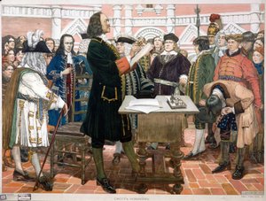 Vorstellung der Novizen. Zar Peter I. der Große empfängt und identifiziert die neuen Höflinge und jungen Aristokraten Russlands von Dmitri Nikolayevich Kardovsky