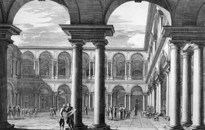 Hof des Brera-Palastes in Mailand, der die Akademie der Schönen Künste und die Kunstgalerie beherbergt, entworfen von Architekt Francesco Maria Richini (1584-1658), Gravur von Domenico Aspari (1745-1831), Italien