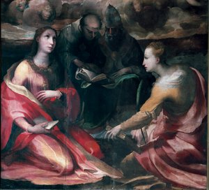 Christus krönt die Jungfrau Maria und vier Heilige, Detail: Heilige Maria Magdalena, Heiliger Antonius von Padua, Papst Gregor I. der Große und Heilige Katharina von Alexandria von Domenico Beccafumi