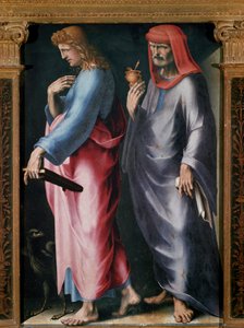 Triptychon der Dreifaltigkeit, Detail rechtes Panel (Heiliger Johannes der Evangelist und Heiliger Damian)