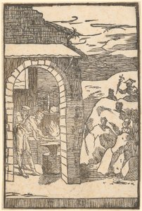 Vulkan und der Philosoph (Teoria) arbeiten in der Schmiede, während draußen die Metalle sich in den Felsen verstecken, Blatt 1 der Folge "De la Pirotechnia"