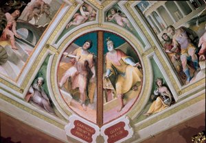 Der griechische Gesetzgeber Charondas sticht sich ein Schwert in die Brust von Domenico Beccafumi