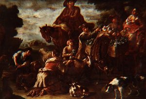 Bauern auf dem Weg zum Markt mit einem Mädchen, das eine Ziege melkt von Domenico Brandi