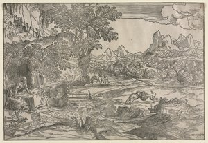 Landschaft mit dem heiligen Hieronymus und zwei Löwen, ca. 1530-35