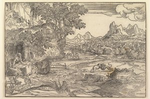 Landschaft mit dem Heiligen Hieronymus links, der auf einen Löwen und einen Bären schaut, die in der Mitte kämpfen..., ca. 1530-35