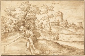 Landschaft mit einem Jungen beim Angeln