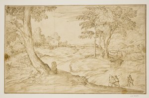 Landschaft mit Pilgern, die sich einer Kirche nähern