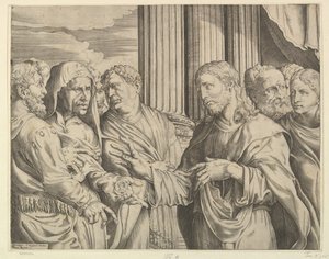 Das Tributgeld: Christus in der Mitte rechts, der einem Mann zu seiner Linken mit Münzen gestikuliert, ca. 1564-89