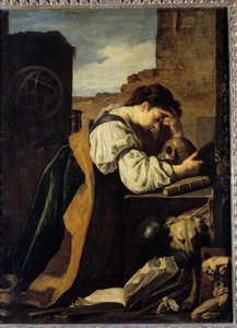 Melancholie: Eine traurige junge Frau beugt sich über einen Totenschädel, eine Armillarsphäre hinter ihr von Domenico Feti