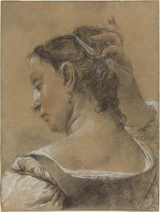 Eine junge Frau, die ihr Haar richtet von Domenico Maggiotto