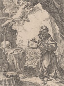 Heiliger Franz von Assisi, kniend vor einem Kruzifix mit zwei Engeln oben links, 1643-44 von Domenico Maria Canuti