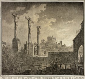 Friedhof St. Johannis mit Blick auf die Stadt Nürnberg, aus Sammlung denkwürdiger mittelalterlicher Gebäude in Deutschland